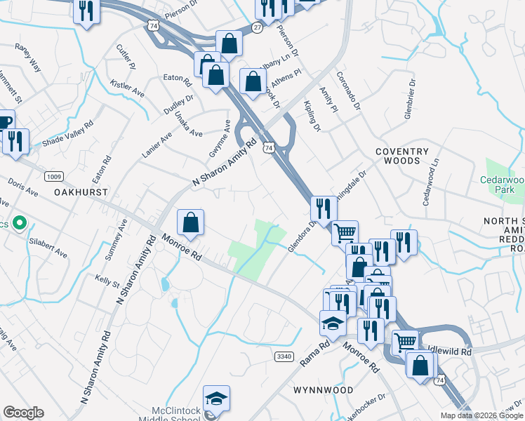map of restaurants, bars, coffee shops, grocery stores, and more near 4820 Yardley Place in Charlotte