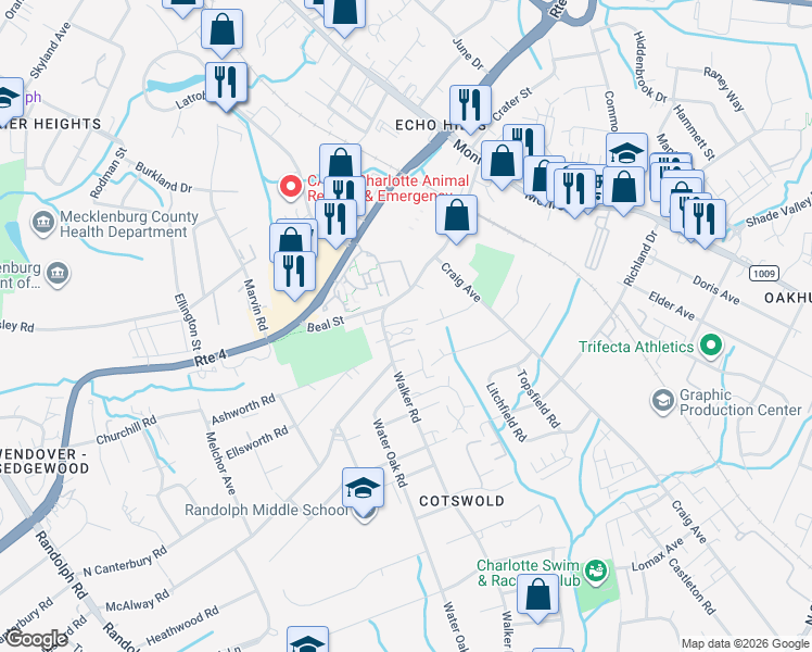 map of restaurants, bars, coffee shops, grocery stores, and more near in Charlotte