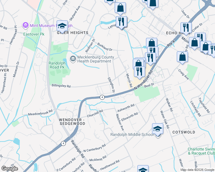 map of restaurants, bars, coffee shops, grocery stores, and more near 529 Nantahala Drive in Charlotte