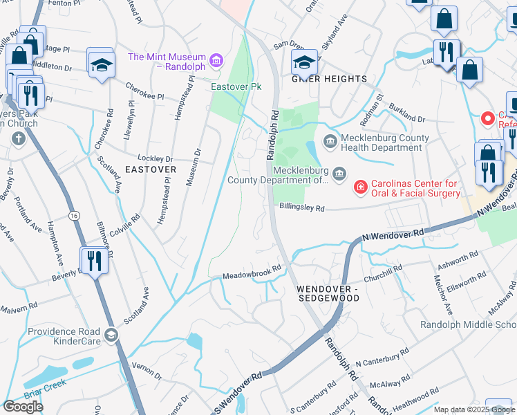 map of restaurants, bars, coffee shops, grocery stores, and more near 3625 Eastover Ridge Drive in Charlotte