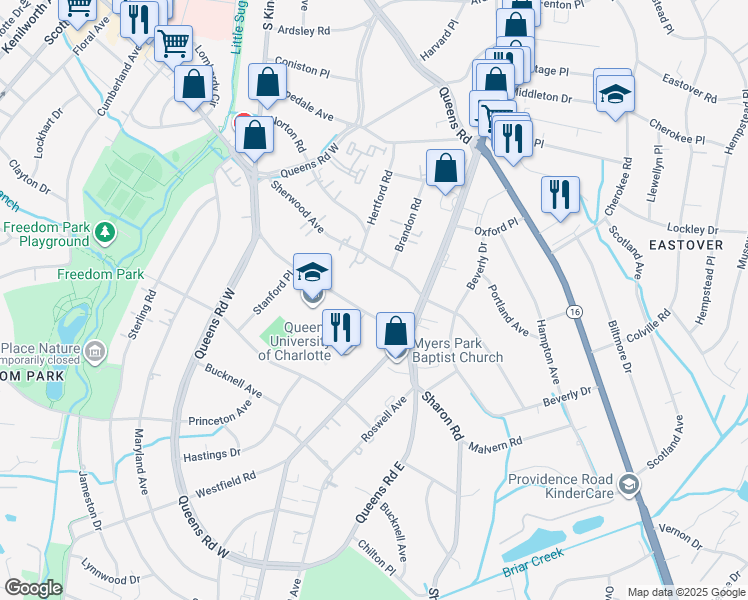 map of restaurants, bars, coffee shops, grocery stores, and more near 2234 Radcliffe Avenue in Charlotte