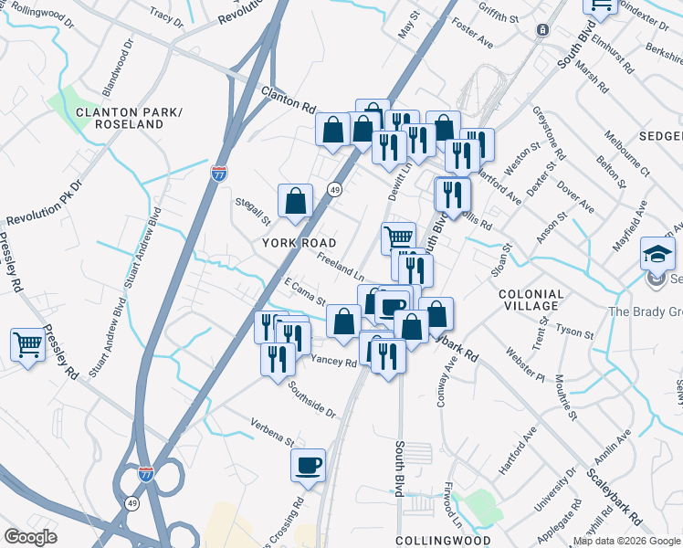 map of restaurants, bars, coffee shops, grocery stores, and more near in Charlotte
