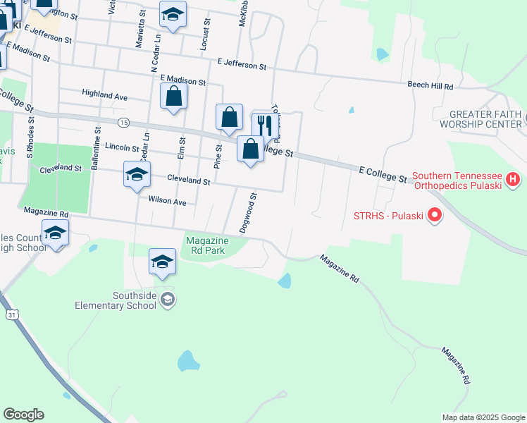 map of restaurants, bars, coffee shops, grocery stores, and more near 945 Cleveland Street in Pulaski