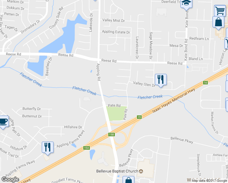 map of restaurants, bars, coffee shops, grocery stores, and more near 7507 Burnstown Lane in Memphis