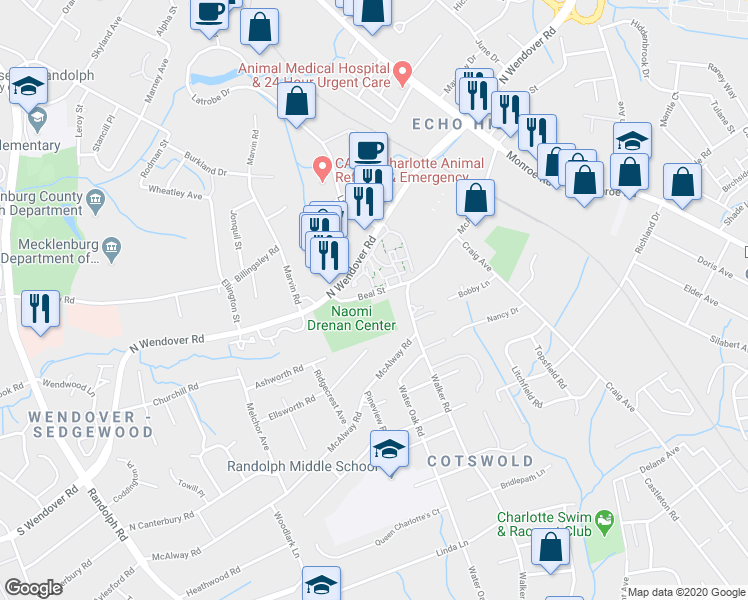 map of restaurants, bars, coffee shops, grocery stores, and more near 904 Beal Street in Charlotte