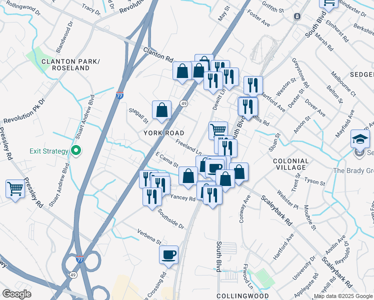 map of restaurants, bars, coffee shops, grocery stores, and more near 123 Freeland Lane in Charlotte