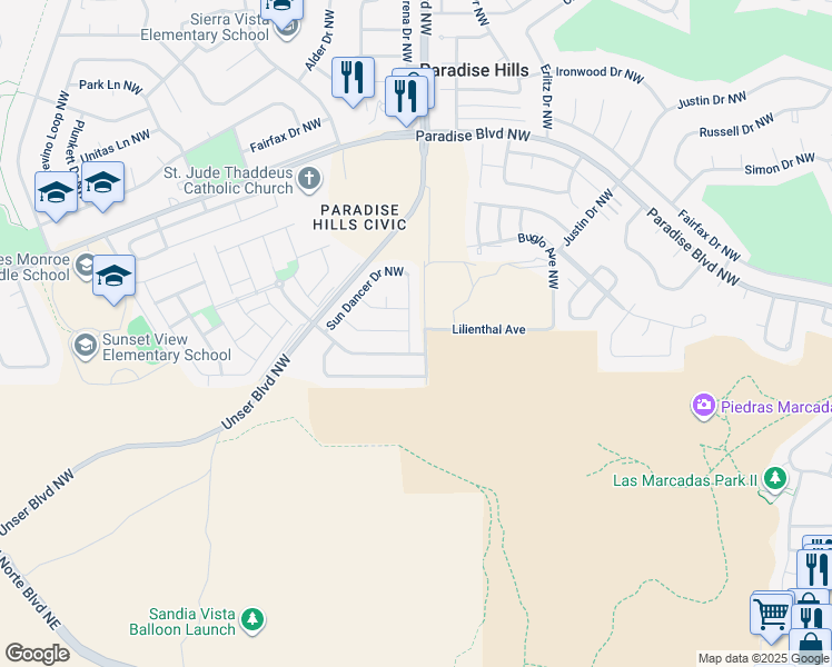 map of restaurants, bars, coffee shops, grocery stores, and more near 9540 Jacks Creek Drive Northwest in Albuquerque