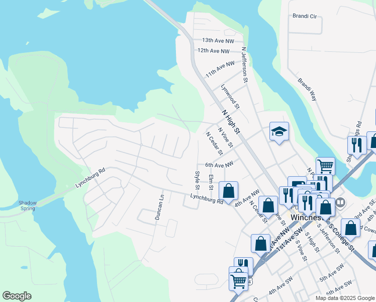 map of restaurants, bars, coffee shops, grocery stores, and more near 508 6th Avenue Northwest in Winchester