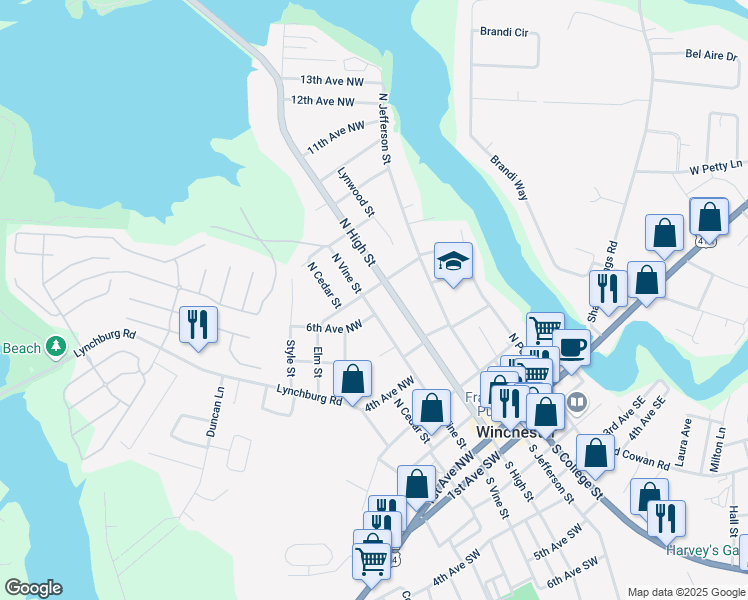 map of restaurants, bars, coffee shops, grocery stores, and more near 520 North Vine Street in Winchester
