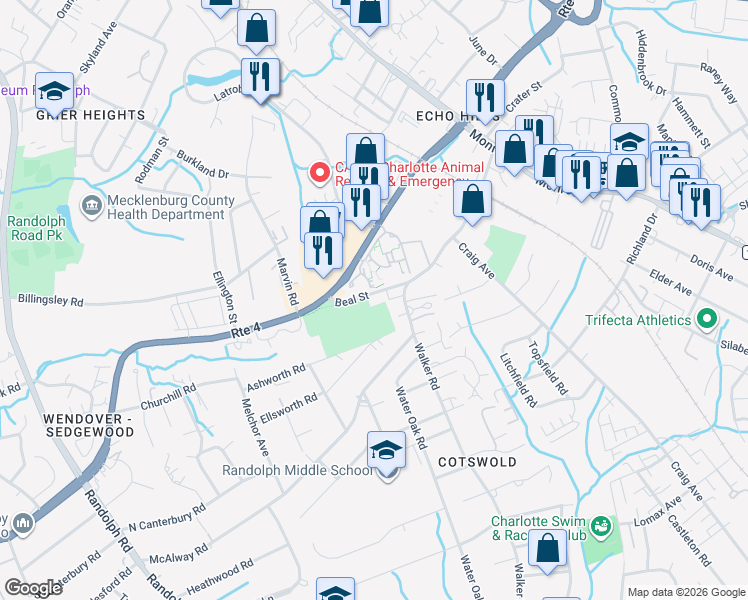 map of restaurants, bars, coffee shops, grocery stores, and more near 912 Beal Street in Charlotte