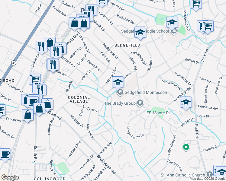 map of restaurants, bars, coffee shops, grocery stores, and more near 3321 Auburn Avenue in Charlotte