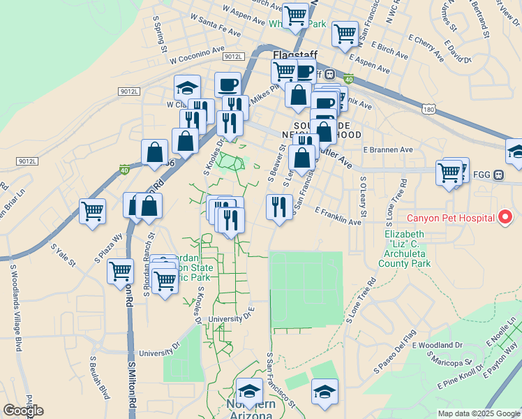 map of restaurants, bars, coffee shops, grocery stores, and more near in Flagstaff