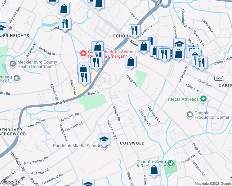 map of restaurants, bars, coffee shops, grocery stores, and more near 912 McAlway Road in Charlotte