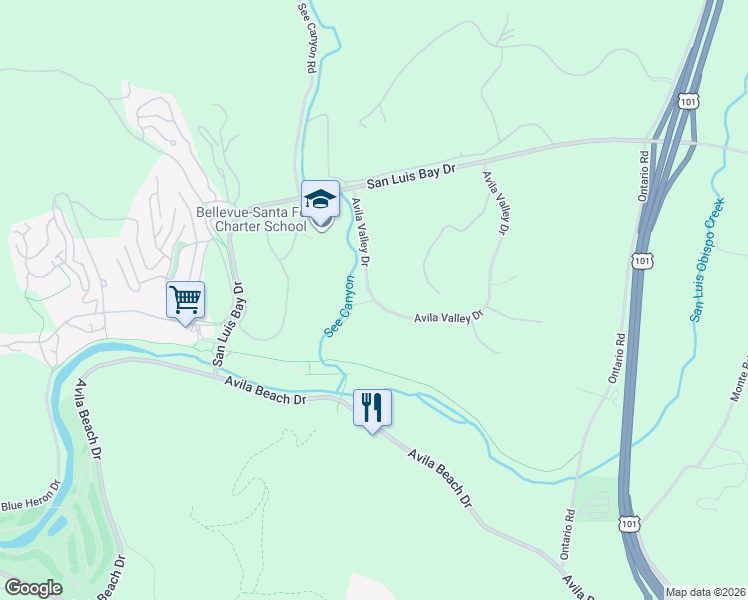 map of restaurants, bars, coffee shops, grocery stores, and more near 6550 Avila Valley Drive in San Luis Obispo