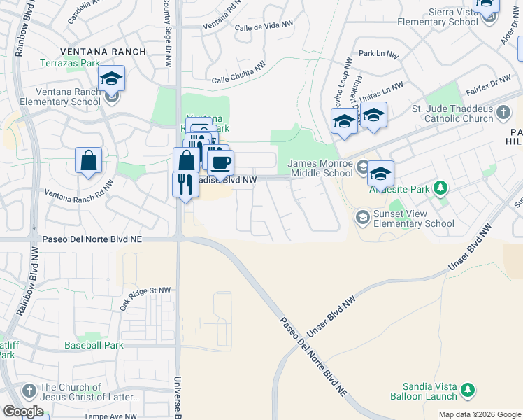map of restaurants, bars, coffee shops, grocery stores, and more near 6304 Verdi Way Northwest in Albuquerque