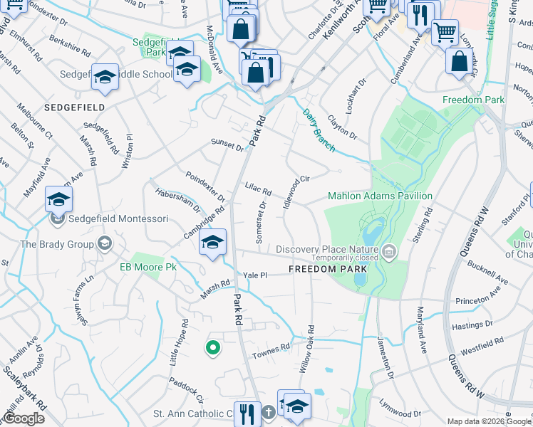 map of restaurants, bars, coffee shops, grocery stores, and more near 2923 Somerset Drive in Charlotte