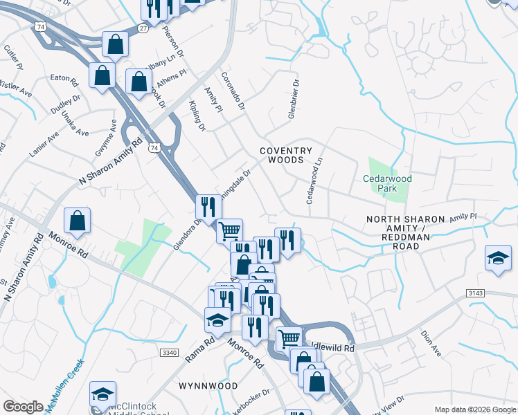 map of restaurants, bars, coffee shops, grocery stores, and more near 4770 Old Lantern Way in Charlotte