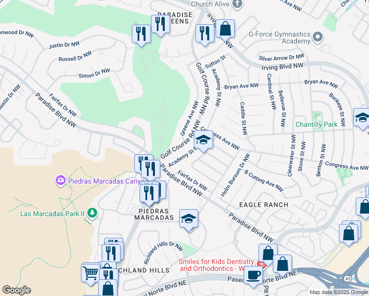 map of restaurants, bars, coffee shops, grocery stores, and more near 9736 Golf Course Road Northwest in Albuquerque