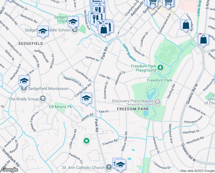 map of restaurants, bars, coffee shops, grocery stores, and more near 2923 Somerset Drive in Charlotte