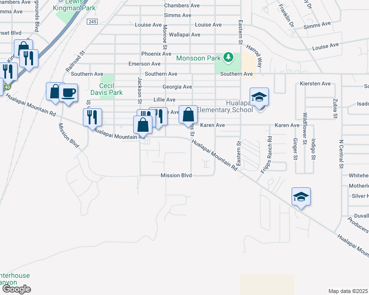 map of restaurants, bars, coffee shops, grocery stores, and more near 2668 Hualapai Mountain Road in Kingman
