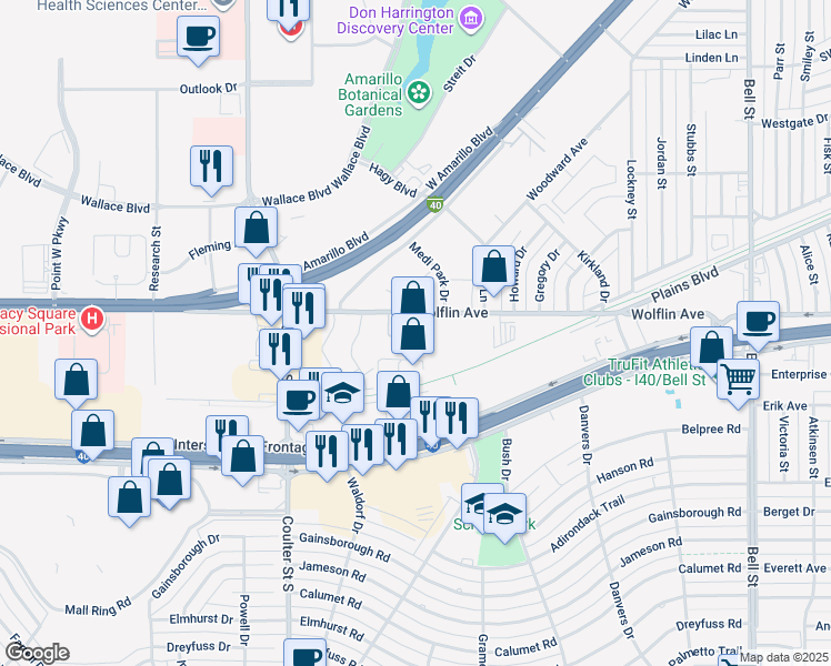 map of restaurants, bars, coffee shops, grocery stores, and more near 2002 Hardy Street in Amarillo