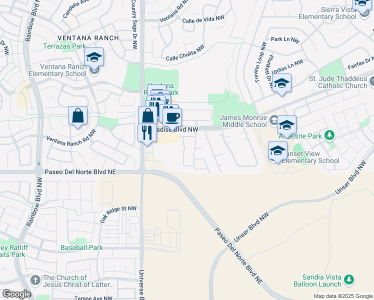 map of restaurants, bars, coffee shops, grocery stores, and more near 9615 Vivaldi Trail Northwest in Albuquerque