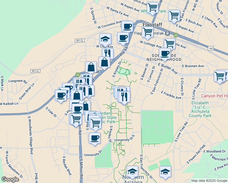 map of restaurants, bars, coffee shops, grocery stores, and more near 977 Knoles Drive in Flagstaff