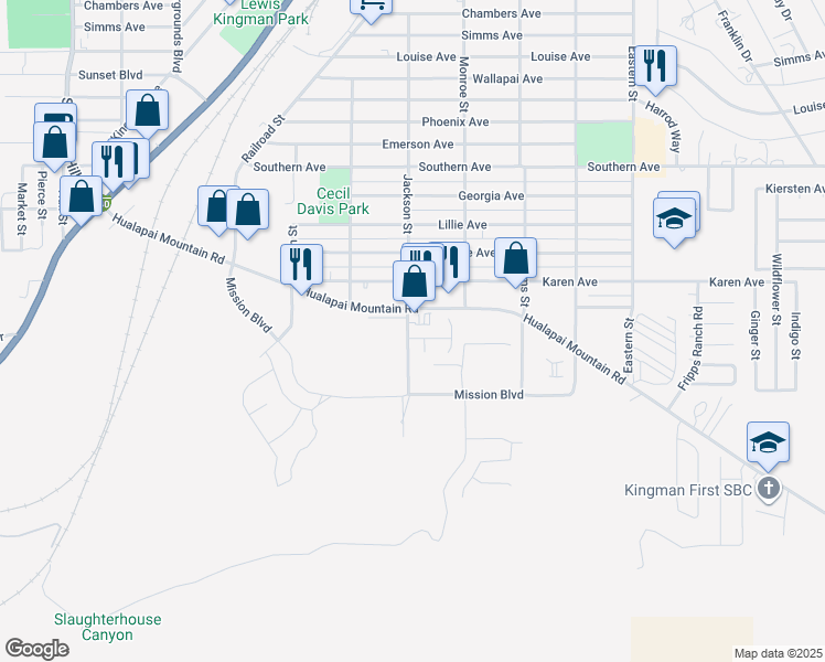 map of restaurants, bars, coffee shops, grocery stores, and more near 218 Jackson St in Kingman