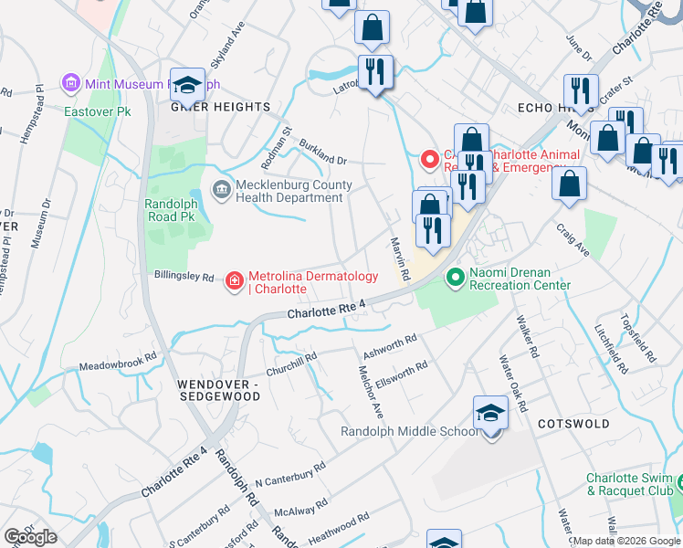 map of restaurants, bars, coffee shops, grocery stores, and more near in Charlotte