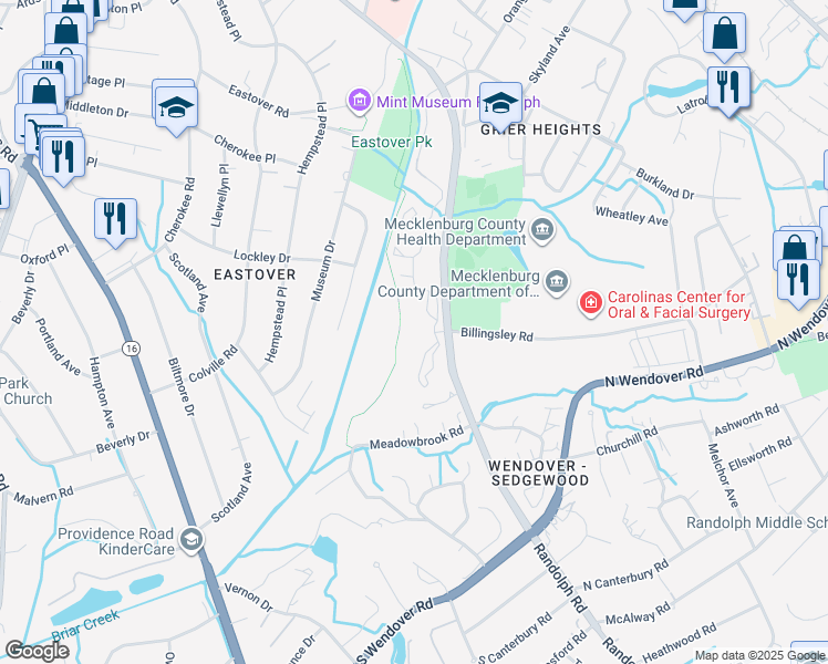 map of restaurants, bars, coffee shops, grocery stores, and more near 3715 Eastover Ridge Drive in Charlotte