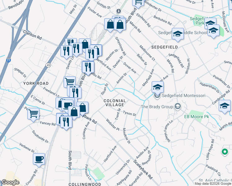 map of restaurants, bars, coffee shops, grocery stores, and more near 3521 Conway Avenue in Charlotte
