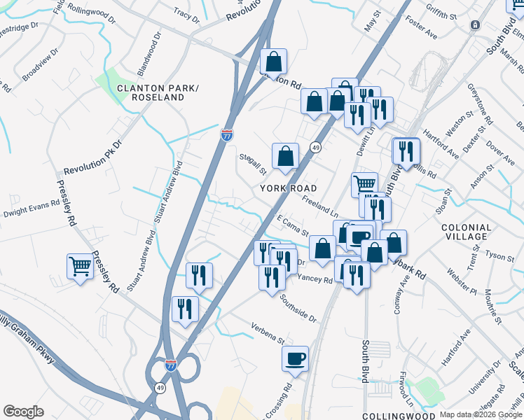 map of restaurants, bars, coffee shops, grocery stores, and more near in Charlotte