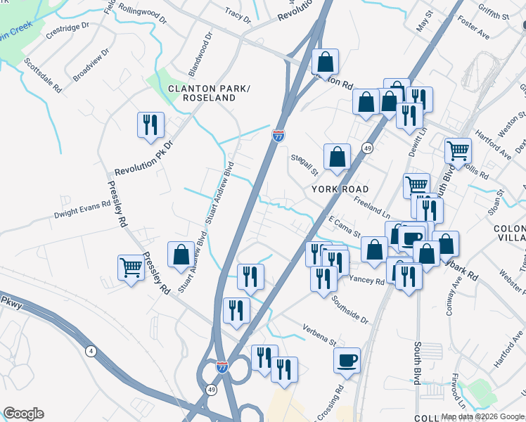 map of restaurants, bars, coffee shops, grocery stores, and more near 442 Peterson Drive in Charlotte