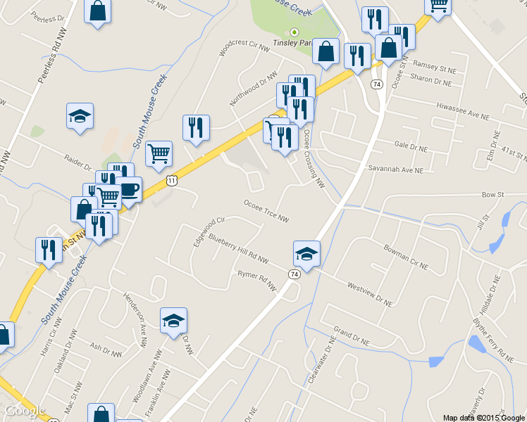 map of restaurants, bars, coffee shops, grocery stores, and more near 206 Ocoee Place Northwest in Cleveland