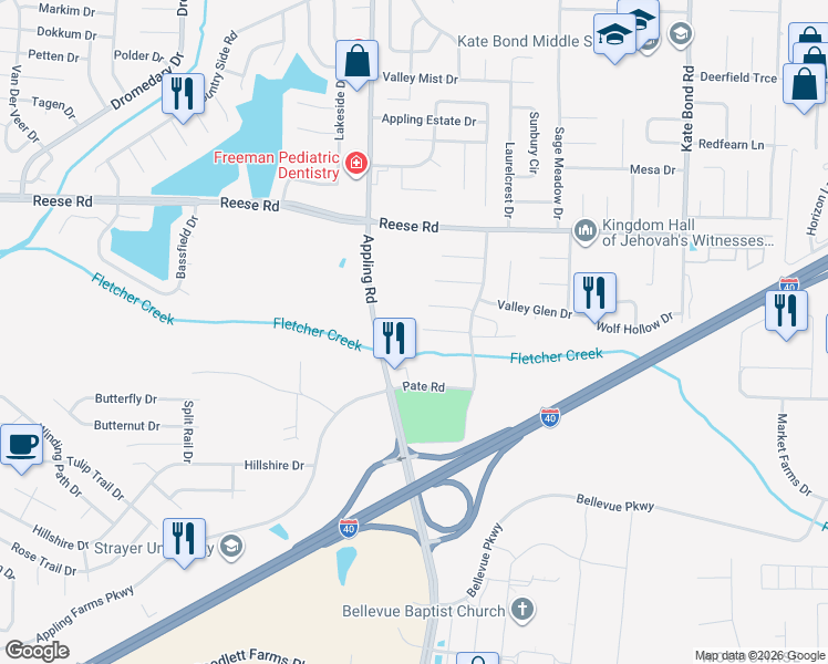 map of restaurants, bars, coffee shops, grocery stores, and more near 7507 Burnstown Lane in Memphis