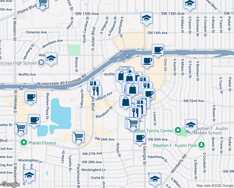 map of restaurants, bars, coffee shops, grocery stores, and more near 2927 Blackburn Street in Amarillo