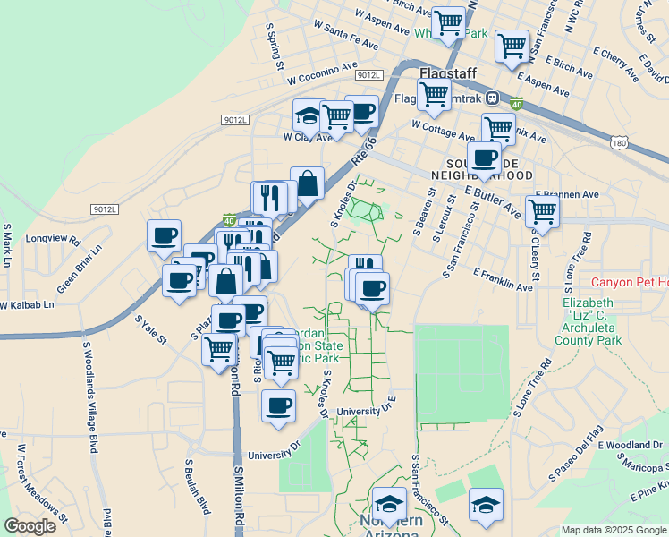 map of restaurants, bars, coffee shops, grocery stores, and more near 810 Knoles Drive in Flagstaff