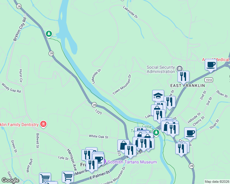map of restaurants, bars, coffee shops, grocery stores, and more near 11 Town Mountain Drive in Franklin