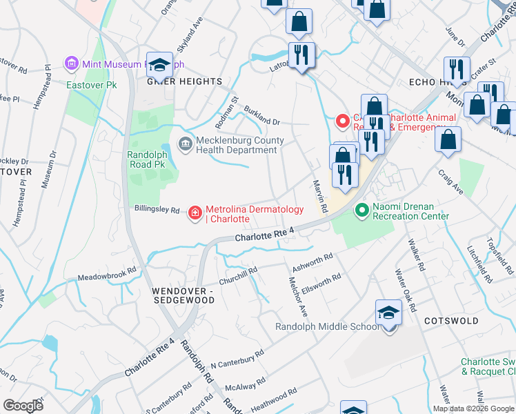 map of restaurants, bars, coffee shops, grocery stores, and more near in Charlotte