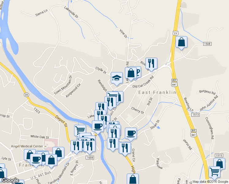 map of restaurants, bars, coffee shops, grocery stores, and more near 251 Watauga Street in Franklin