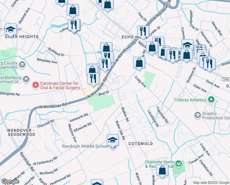 map of restaurants, bars, coffee shops, grocery stores, and more near in Charlotte