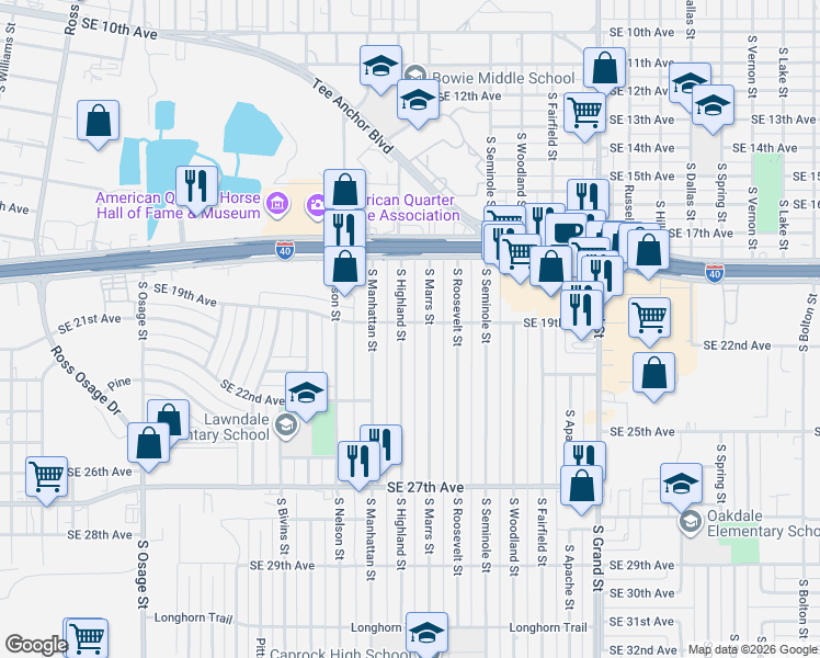 map of restaurants, bars, coffee shops, grocery stores, and more near 1912 S Highland St in Amarillo