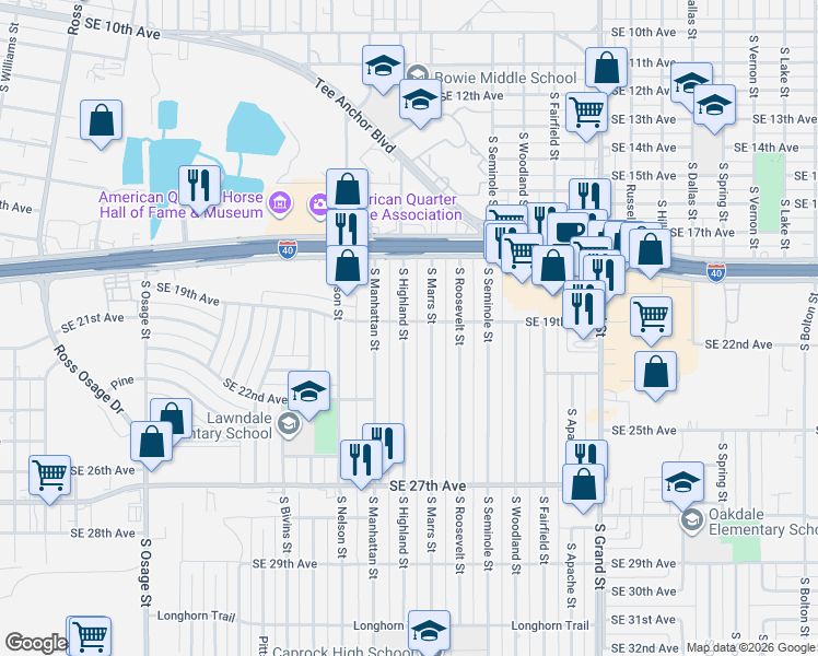 map of restaurants, bars, coffee shops, grocery stores, and more near 1912 S Highland St in Amarillo