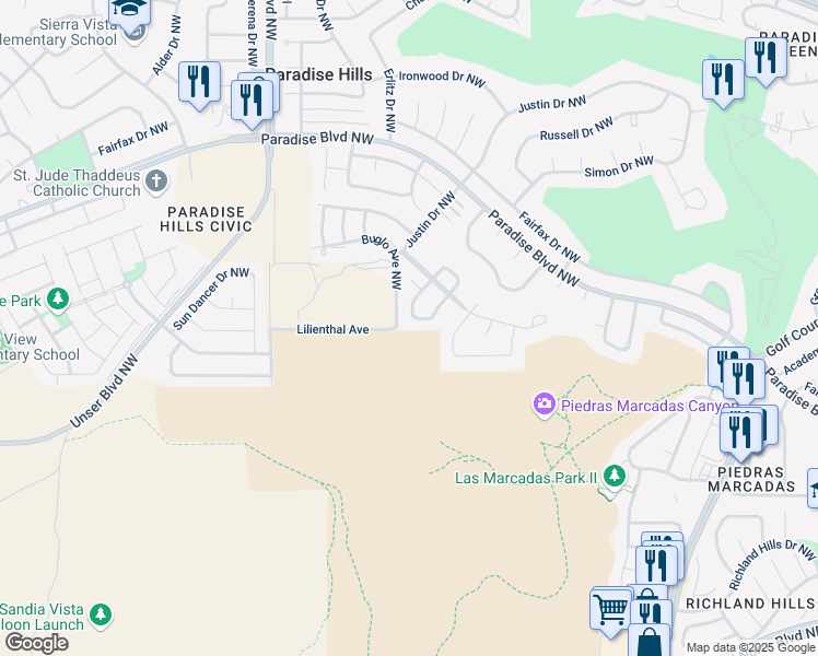 map of restaurants, bars, coffee shops, grocery stores, and more near 5320 Sur Vista Road Northwest in Albuquerque