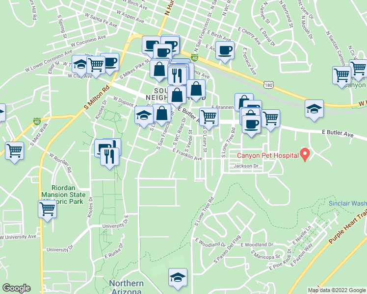 map of restaurants, bars, coffee shops, grocery stores, and more near in Flagstaff
