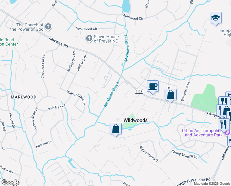 map of restaurants, bars, coffee shops, grocery stores, and more near 8202 Lawyers Road in Charlotte