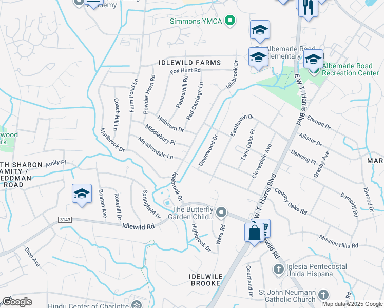 map of restaurants, bars, coffee shops, grocery stores, and more near 4413 Dawnwood Drive in Charlotte
