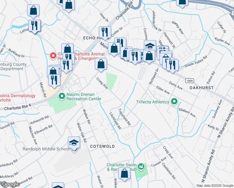 map of restaurants, bars, coffee shops, grocery stores, and more near 3630 Craig Avenue in Charlotte