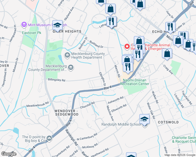 map of restaurants, bars, coffee shops, grocery stores, and more near in Charlotte