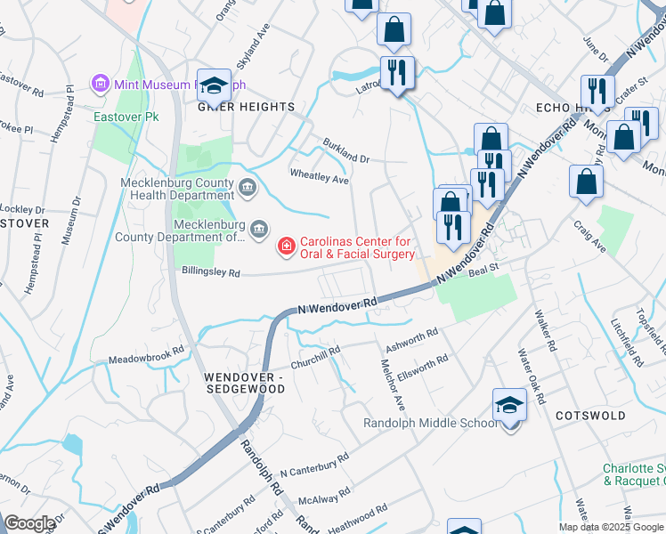 map of restaurants, bars, coffee shops, grocery stores, and more near 3711 Uwharrie River Road in Charlotte